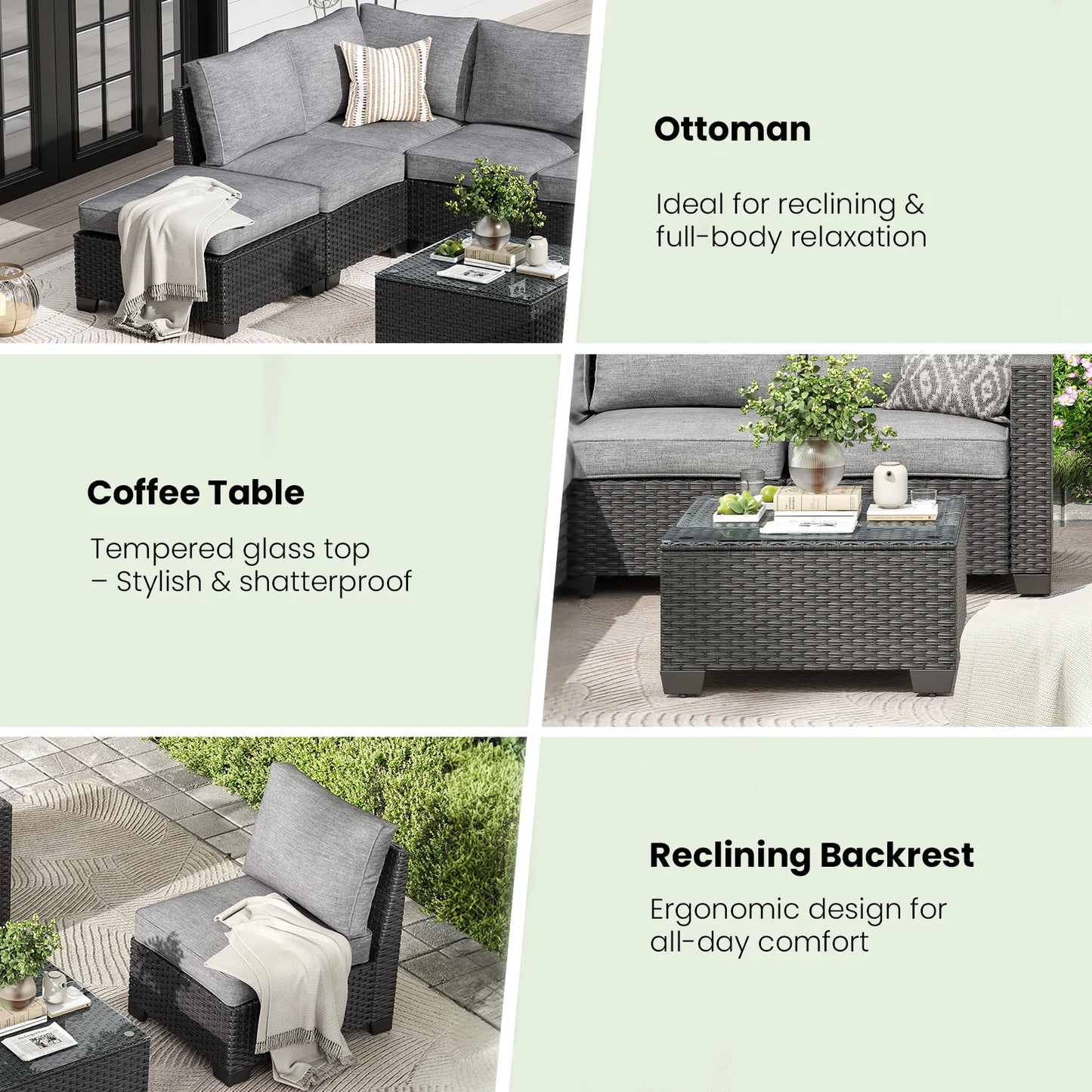 Patio Sectional Sofa Set, with Ottoman, Water/Oil/Stain-Resistant Fabric, Dark Gray Cushion + Gray Wick