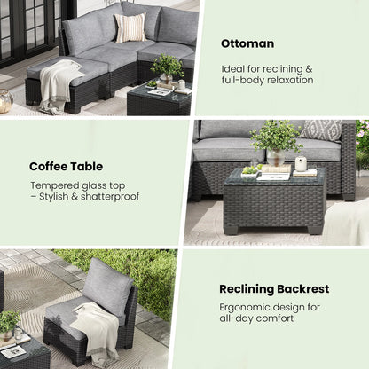 Patio Sectional Sofa Set, with Ottoman, Water/Oil/Stain-Resistant Fabric, Dark Gray Cushion + Gray Wick