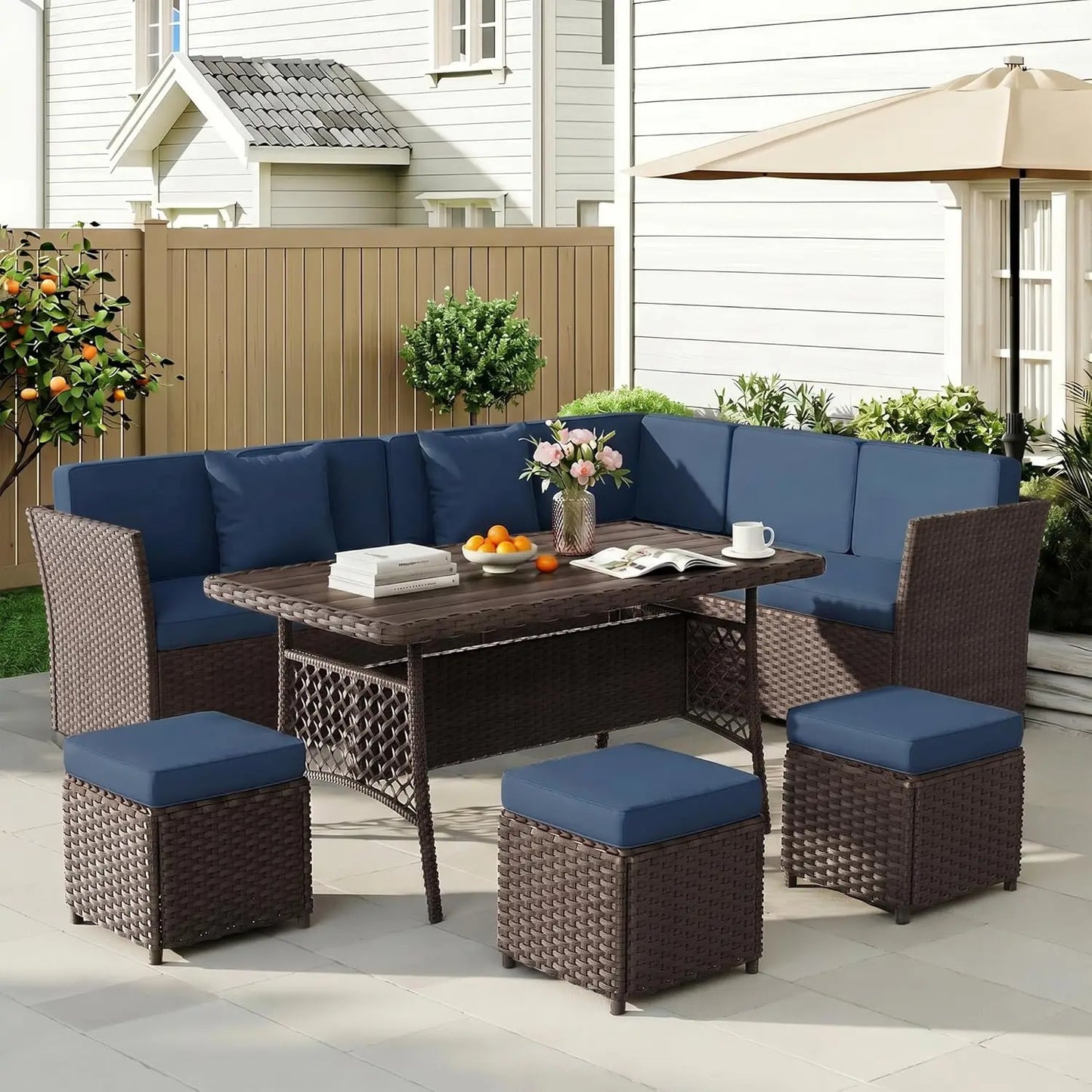 7 Pieces Patio Furniture Set, Wicker Conversation Set with Dining Table, Chairs and, Customized