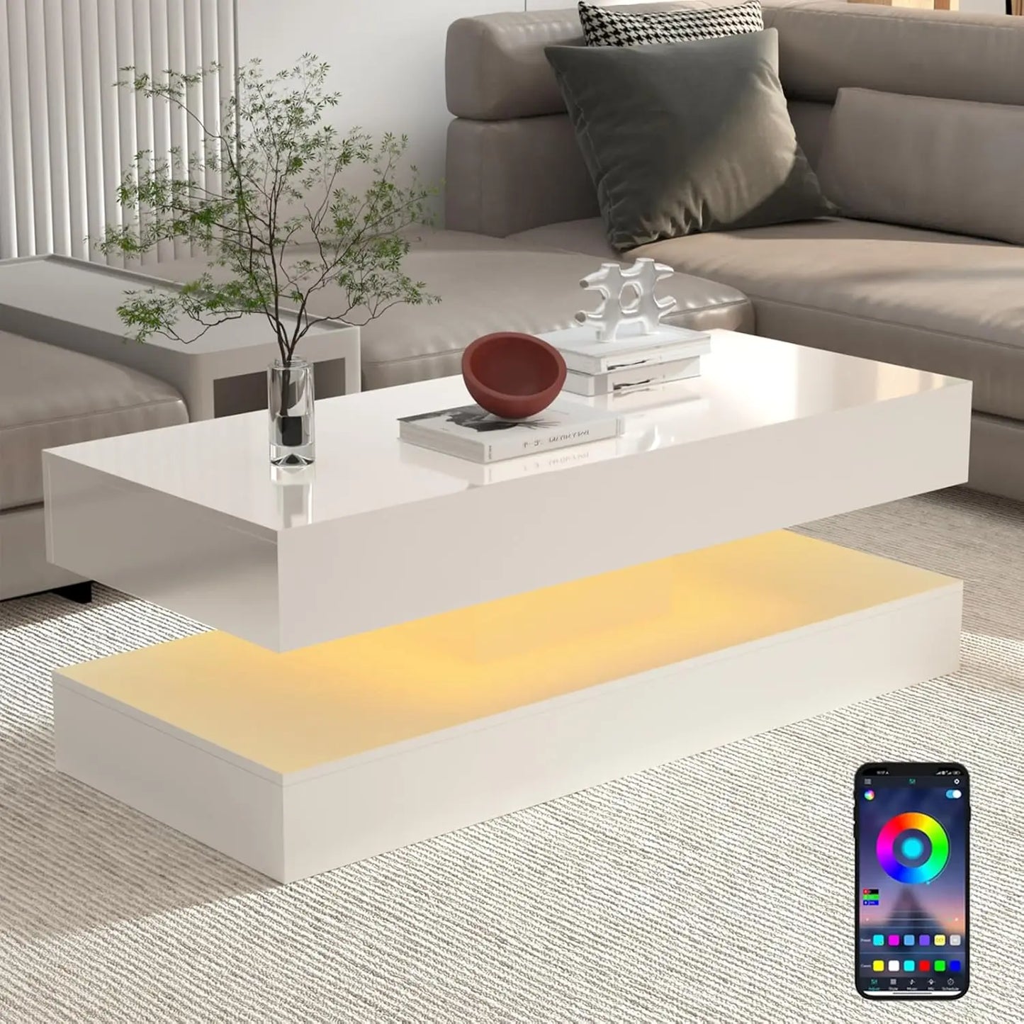 Modern  Coffee Table with LED lights, Double-Layer Design for Living Room Coffee Table with 2 Storage Drawers