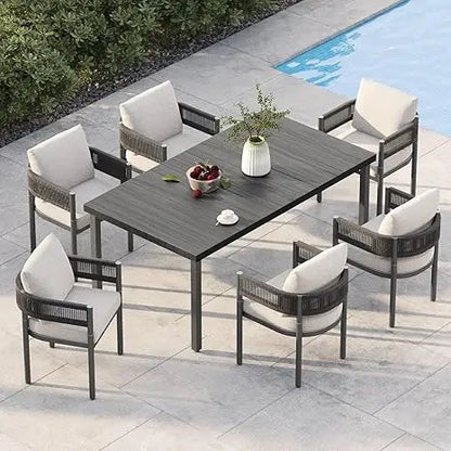 7 PCS Patio Table and Chairs Set, Metal Woven Wicker Patio Chairs with Thickened Cushions Outdoor Dining Set for 6