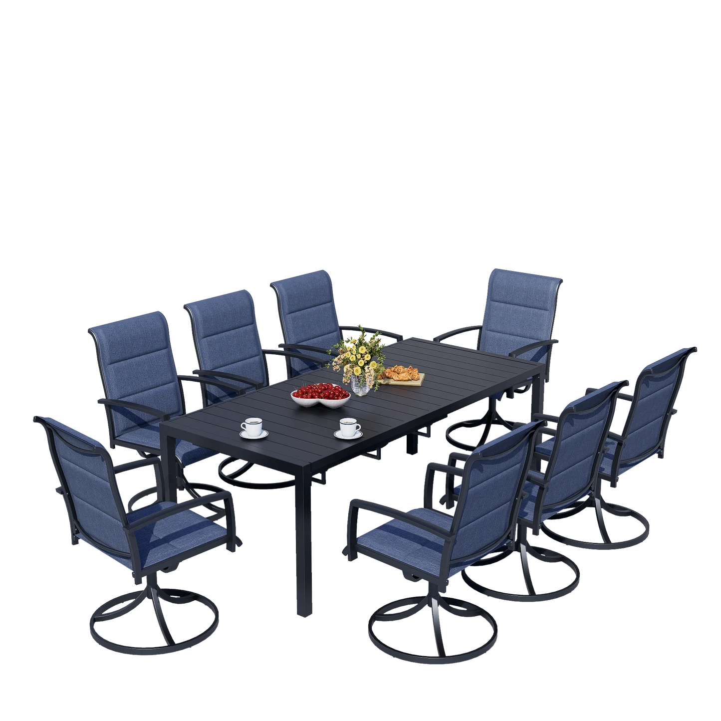 9-Piece Outdoor Dining Set Extendable Table & 8 Blue Foam Padded Textilene Swivel Chairs for Patio, Garden or Poolside