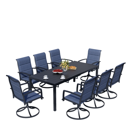 9-Piece Outdoor Dining Set Extendable Table & 8 Blue Foam Padded Textilene Swivel Chairs for Patio, Garden or Poolside