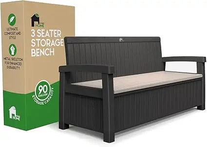 3 Seat Outdoor Storage Bench - 90 Gallon Capacity - Weatherproof Resin Bench for Patio, Porch, Garden, Yard, Pool Area -
