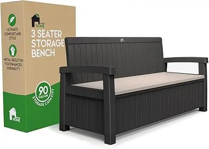 3 Seat Outdoor Storage Bench - 90 Gallon Capacity - Weatherproof Resin Bench for Patio, Porch, Garden, Yard, Pool Area -