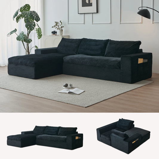 115" Modular Sectional Couch with Chaise,  Deep Seat Fluffy Corduroy Sofa Memory Foam Boneless Couches for Living Room