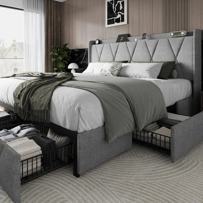 Upholstered Platform Bed Frame Frame with 4 Storage Drawers and Charging Station