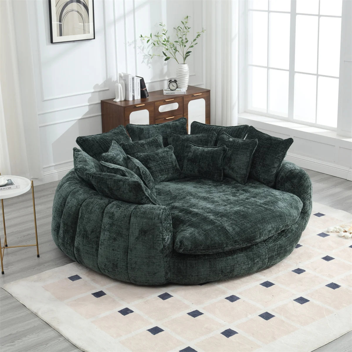 Oversized Round Chaise Lounge Chair with 14 Pillows, Modern Chenille Boneless Couch, Memory Foam