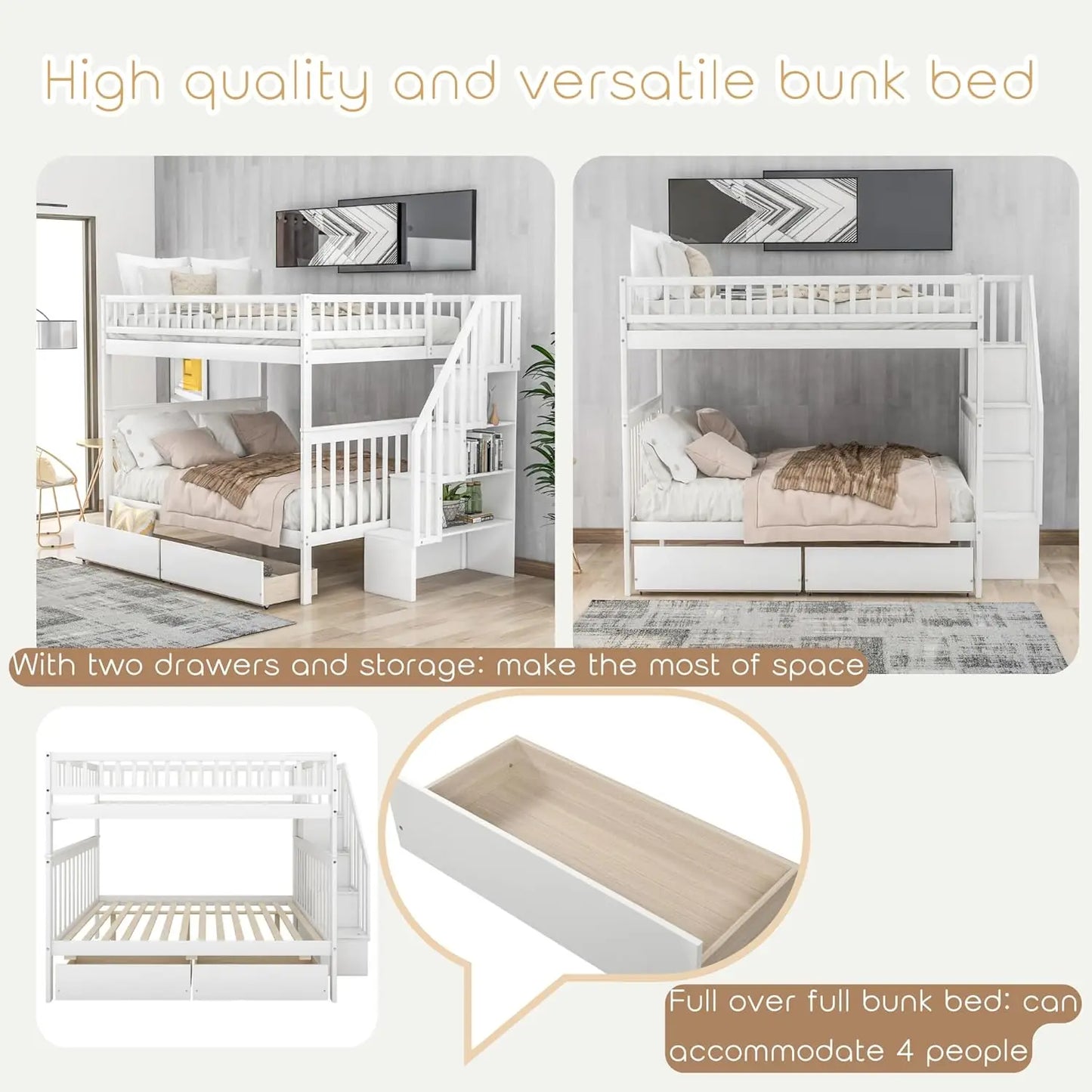Full Over Full Bunk Bed with Drawers Stairs Storage Shelves Wood Frame for Kids Teens Adults Bedroom Furniture, Customized