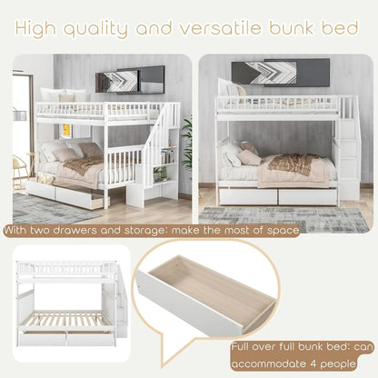 Full Over Full Bunk Bed with Drawers Stairs Storage Shelves Wood Frame for Kids Teens Adults Bedroom Furniture, Customized