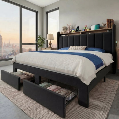 Beautiful Bed Frame, 2 Storage Drawers/2-Tier Shelves with LED Lights & Charging Station, No Box Spring Need, Full/Queen/King