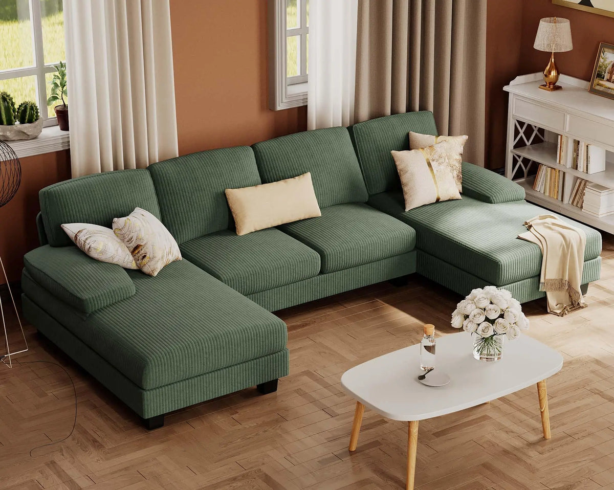 U-Shaped Sofa Couch with Linen Fabric, 4 Seat Sofa Set with Double Chaise