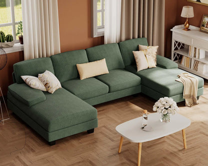 U-Shaped Sofa Couch with Linen Fabric, 4 Seat Sofa Set with Double Chaise