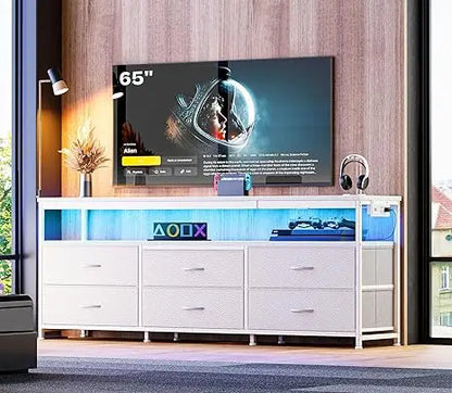 63 Inch LED TV Stand with Power Outlets, Fabric Drawers TV Stand