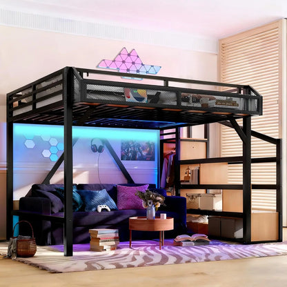 Queen Loft Bed with Storage Stairs Shelves with Wardrobe LED Lights made of  Natural Wood,