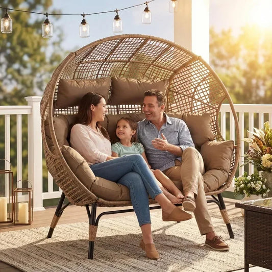 Indoor / Outdoor Stationary Oversized Double Egg Chair   6.5" Thick Padded Cushions, 2 Person Wicker Egg Loveseat Chair