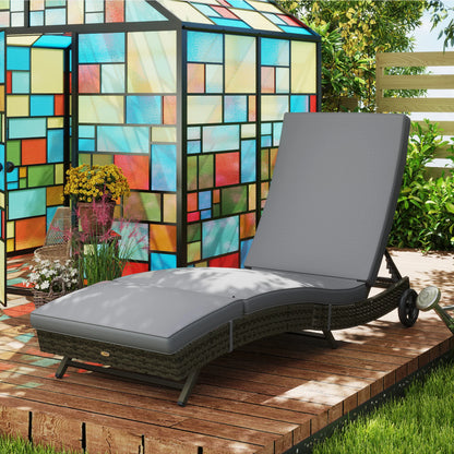 Outdoor Reclining Lounge Chair, PE Wicker, Rolling Wheels, Patio, Grey