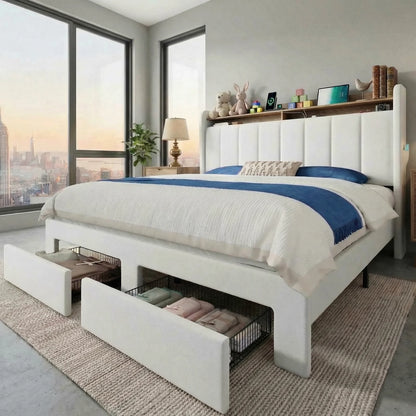 Beautiful Bed Frame, 2 Storage Drawers/2-Tier Shelves with LED Lights & Charging Station, No Box Spring Need, Full/Queen/King