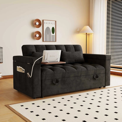 3-in-1 Foldable Velvet Sofa Bed with USB Charging Port, Table Board and Storage Armrests, Adjustable Backrest Sleeper Couch for Living Room Apartment Guest Room, Black