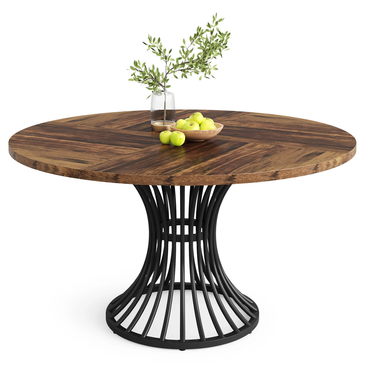 Round Dining Table, 46-Inch(118cm)Wood Kitchen Table with Sturdy Metal Base for 4-6 People,Rustic Brown