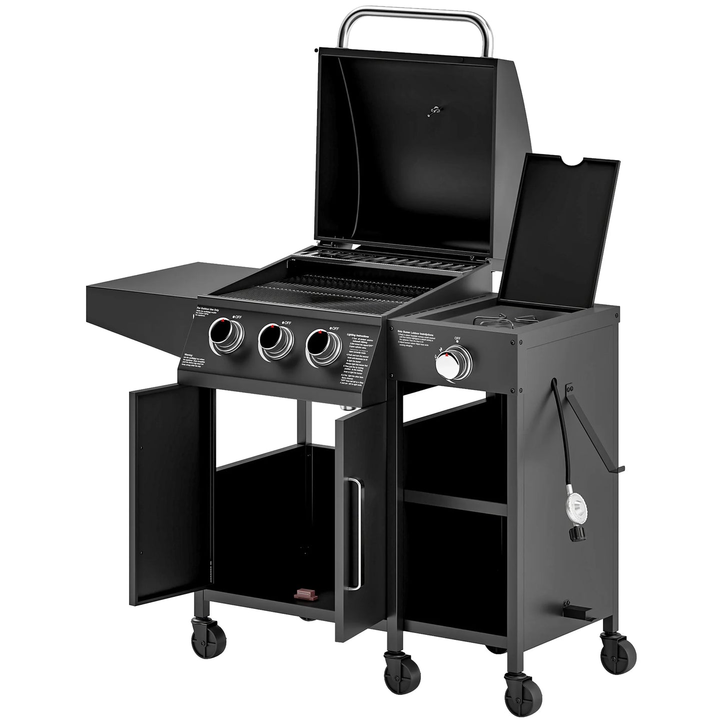 3 Burner Gas Grill with Side Burner and Shelves, Propane BBQ Grill