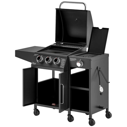 3 Burner Gas Grill with Side Burner and Shelves, Propane BBQ Grill