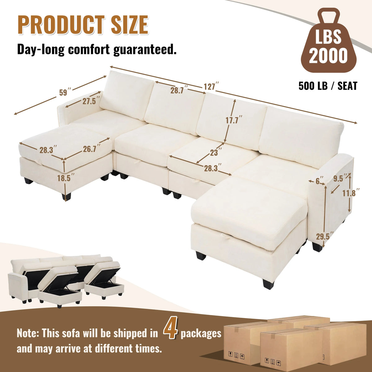 Modular Sectional Sofa Set with 2 Ottomans, U Shaped Convertible Couch with Storage, 4 Seat Convertible Sectional Couches for Large Living Room, Cloud-Like Comfort