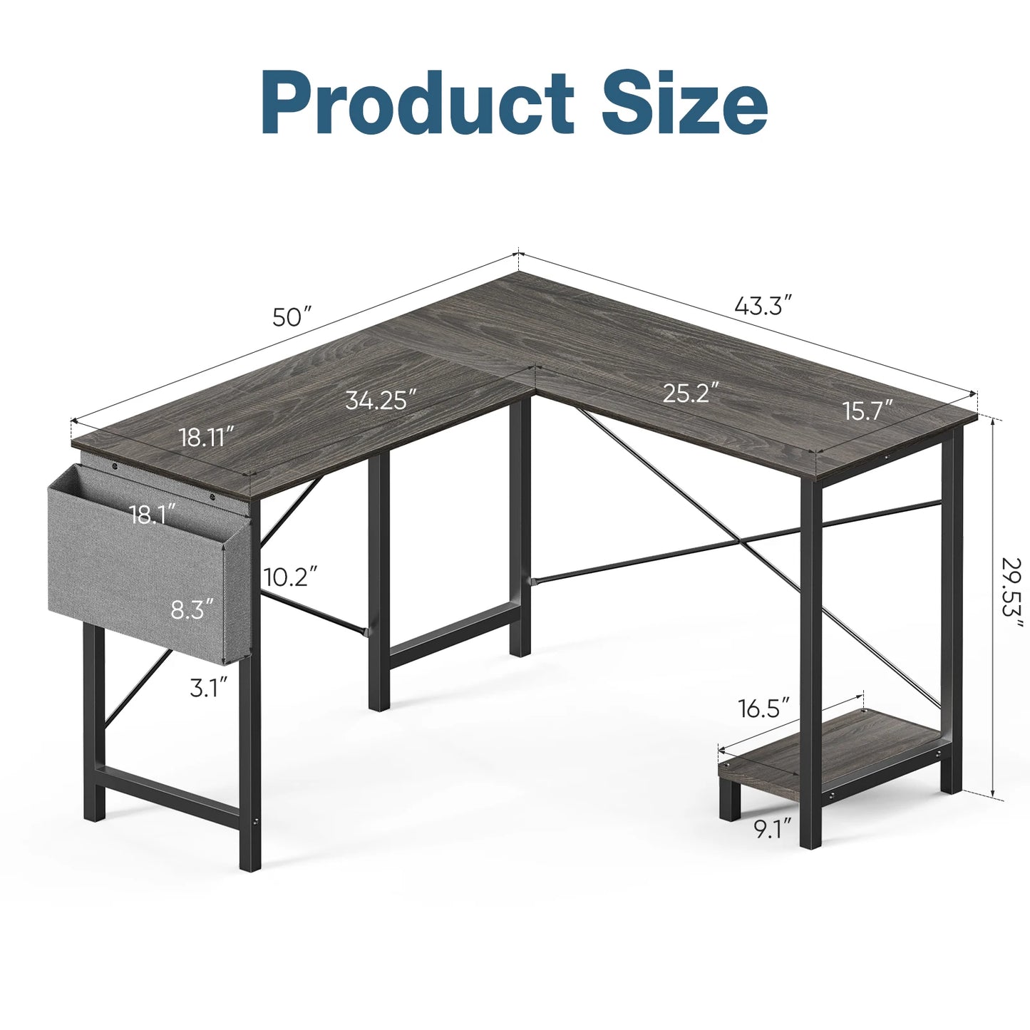 50 Inch Office PC Wooden Table with CPU Storage Shelf & Side Bag for Home Office Bedroom Small Space
