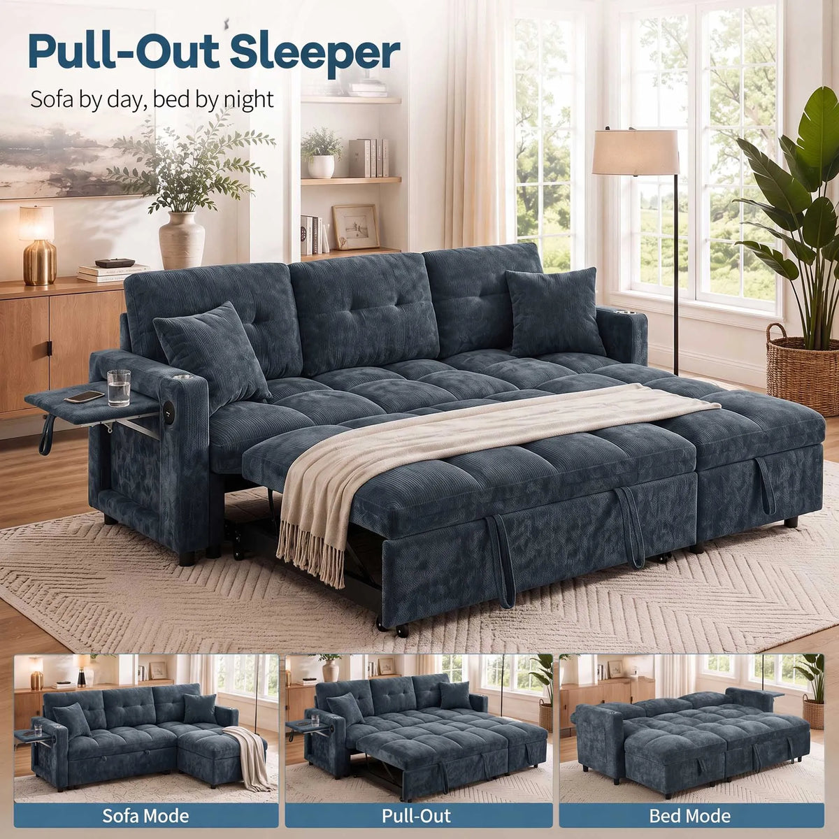 L-Shaped Sleeper Sofa with Pull Out Bed, Convertible Sectional Couch with Storage Chaise, USB/Type-C Charging and Cup Holders, Plush Chenille Modular Sofa for Living Room, Blue