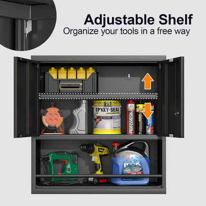 31" H Metal Garage Storage Cabinet, Black | Doors and Shelves, Lockable with Lock, Wall Mount, Hanging Cabinet, For Utility Room