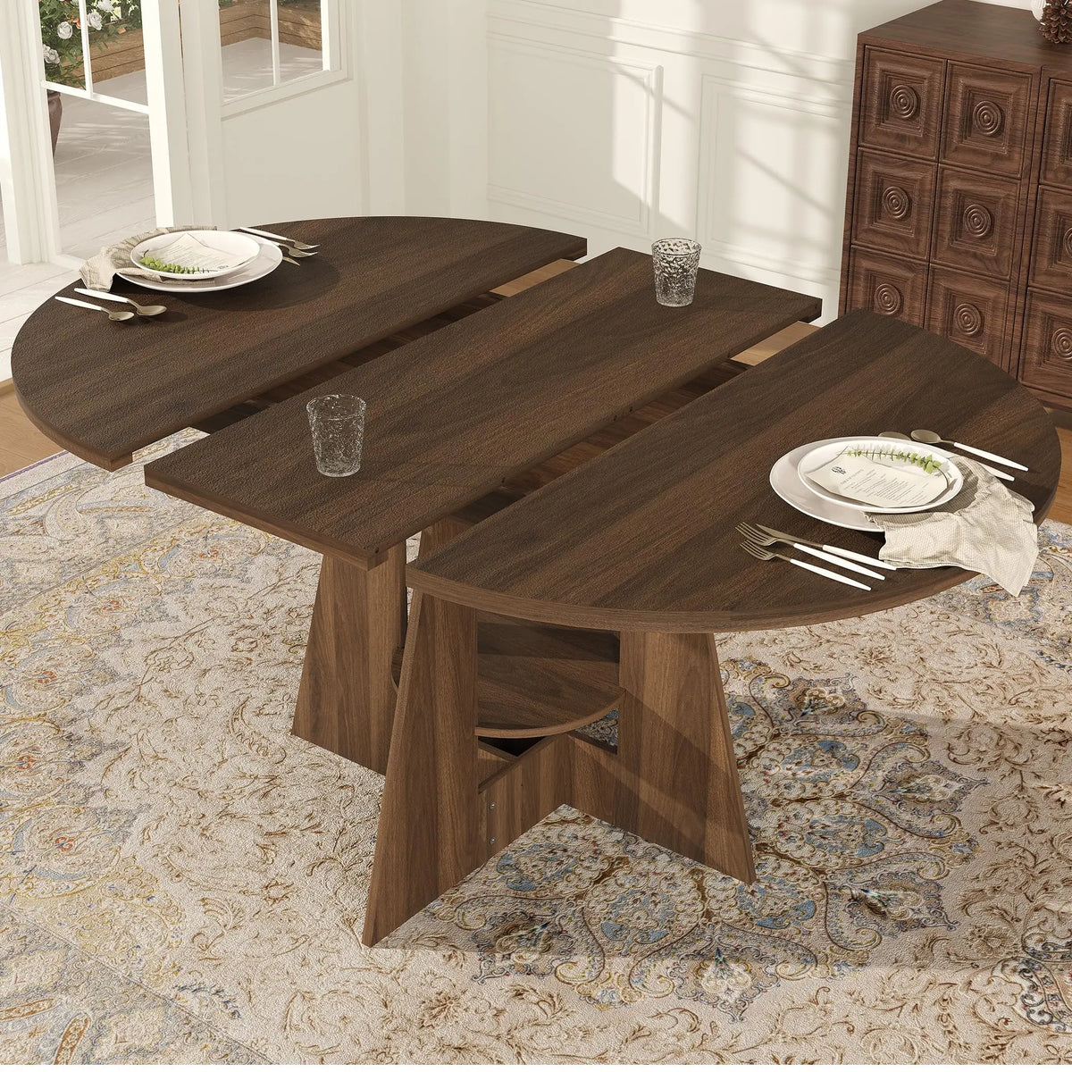 43.3-59 Inch Extendable Round Dining Table, Oval Table For 4-8, Pedestal Base With Storage Shelf, Natural Wood Kitchen Table