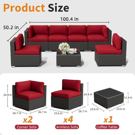 Black Rattan Wicker Sectional  Outdoor Patio Furniture Sofa Set  with Glass Top Table and Cushions (Red)