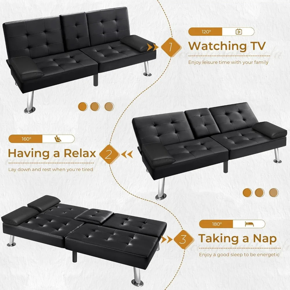 Futon Sofa Bed  Faux Leather Couch for Living Room with 2 Cup Holders and Armrest