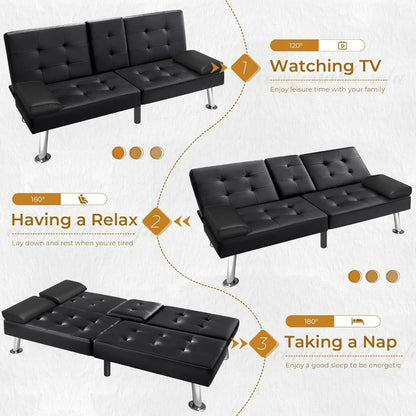 Futon Sofa Bed  Faux Leather Couch for Living Room with 2 Cup Holders and Armrest