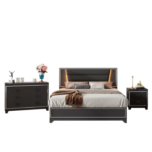 3-Piece Bedroom Set Queen Size Upholstered Bed with LED Lights, Nightstands and Dresser , Black /white