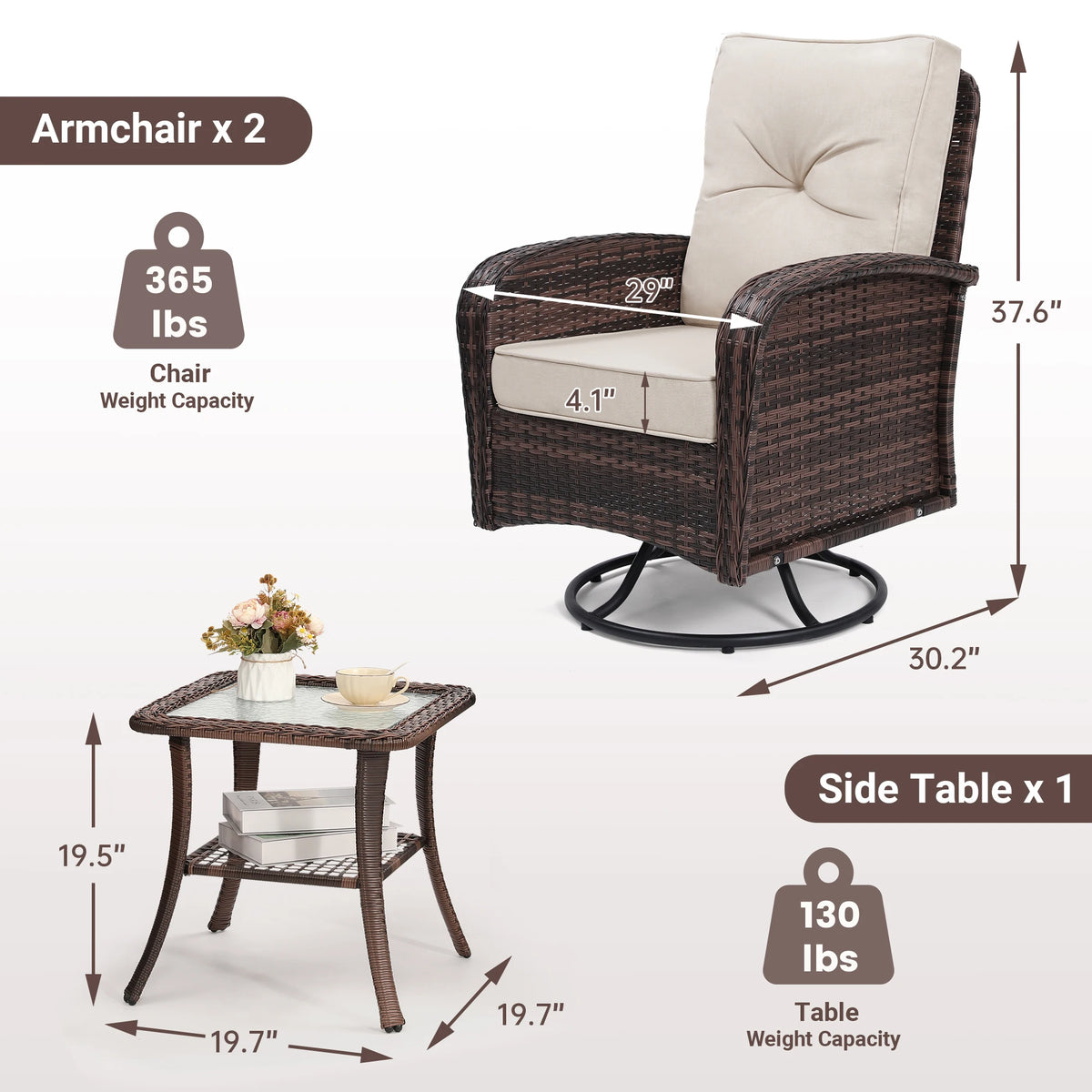 Swivel Wicker Chairs With Side Table Outdoor Patio Furniture Set Washable Thick Cushion For Balcony Deck Garden