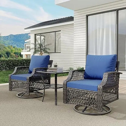 3 Piece Outdoor  Wicker Patio Bistro Set with Thickened 25D Cushions and Glass Coffee Table, Swiveling Chairs