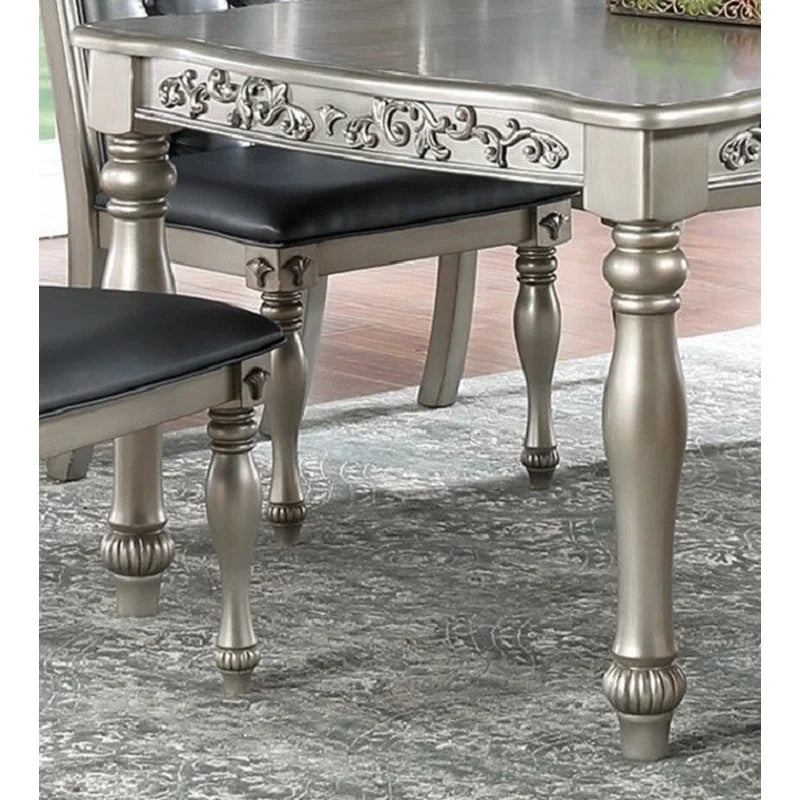 Formal Silver Grey 7-Piece Dining Set with 6 Side Chairs,  Intricate Carved Design, Tufted Back and Cushioned Seats