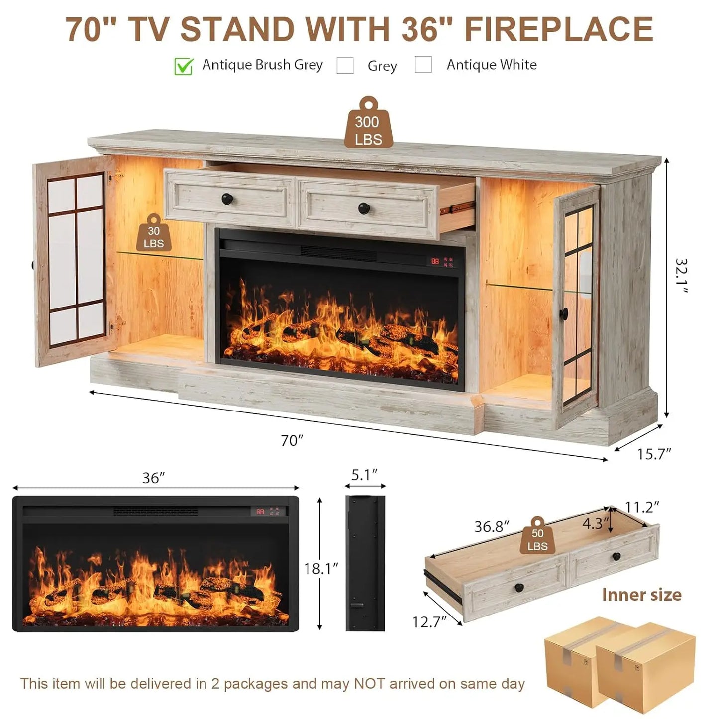 Entertainment Center with  Electric Fireplace & LED Lights,