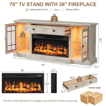 Entertainment Center with  Electric Fireplace & LED Lights,
