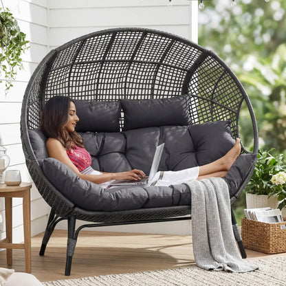 Indoor / Outdoor Stationary Oversized Double Egg Chair   6.5" Thick Padded Cushions, 2 Person Wicker Egg Loveseat Chair