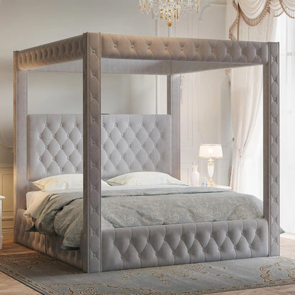 King Canopy Bed Frame Velvet Upholstered Deep-tufted Headboard 74.8" Tall Four Poster USB-A & USB-C Outlets