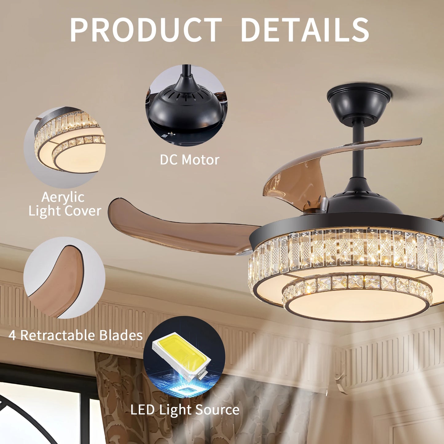 Luxurious Crystal Ceiling Fan Light,  Remote Control Folding Fan Light with Timer Function, Adjustable Color Lighting