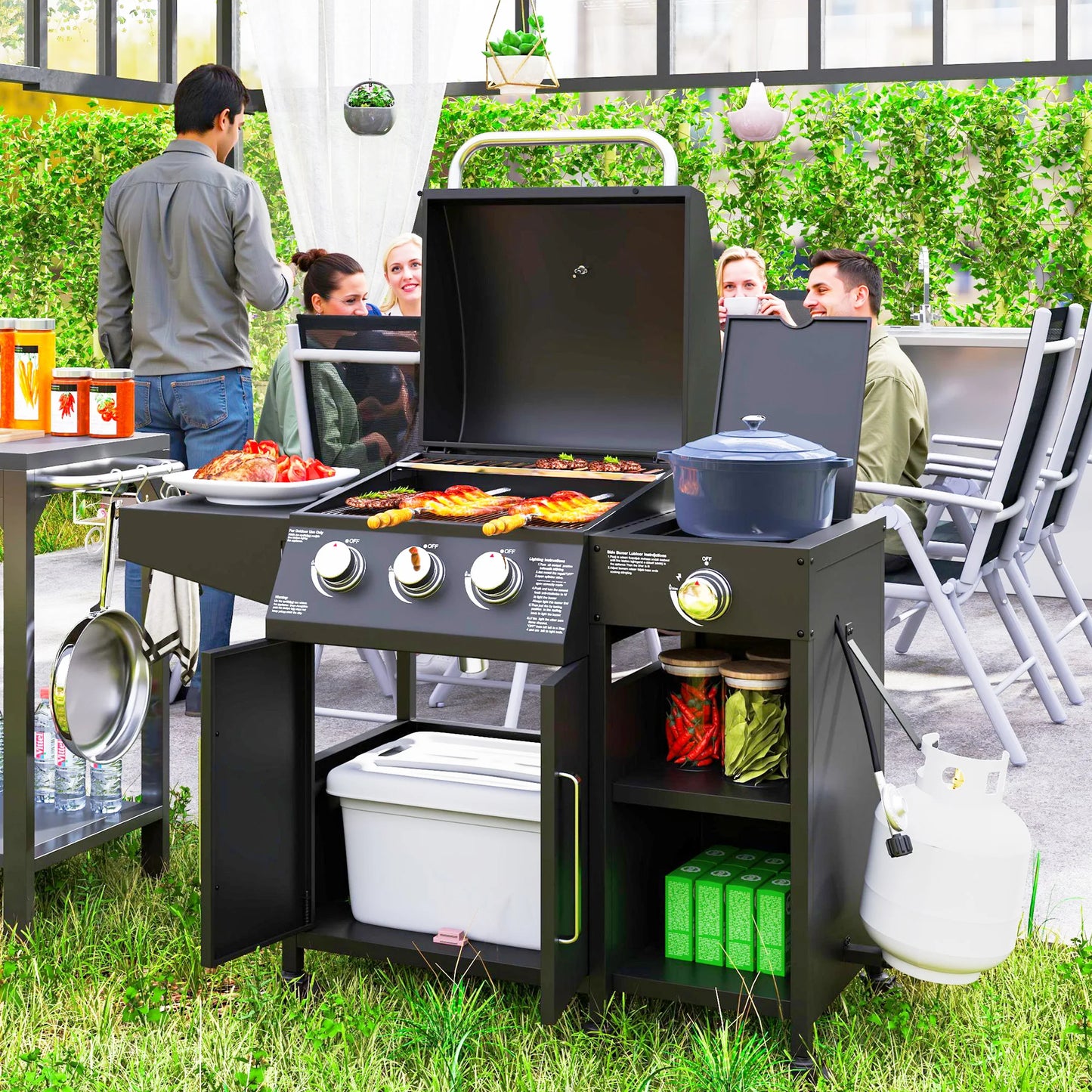 3 Burner Gas Grill with Side Burner and Shelves, Propane BBQ Grill