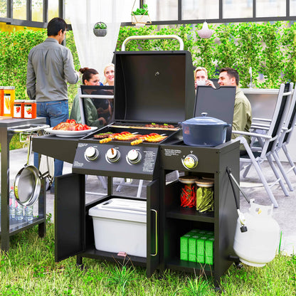 3 Burner Gas Grill with Side Burner and Shelves, Propane BBQ Grill