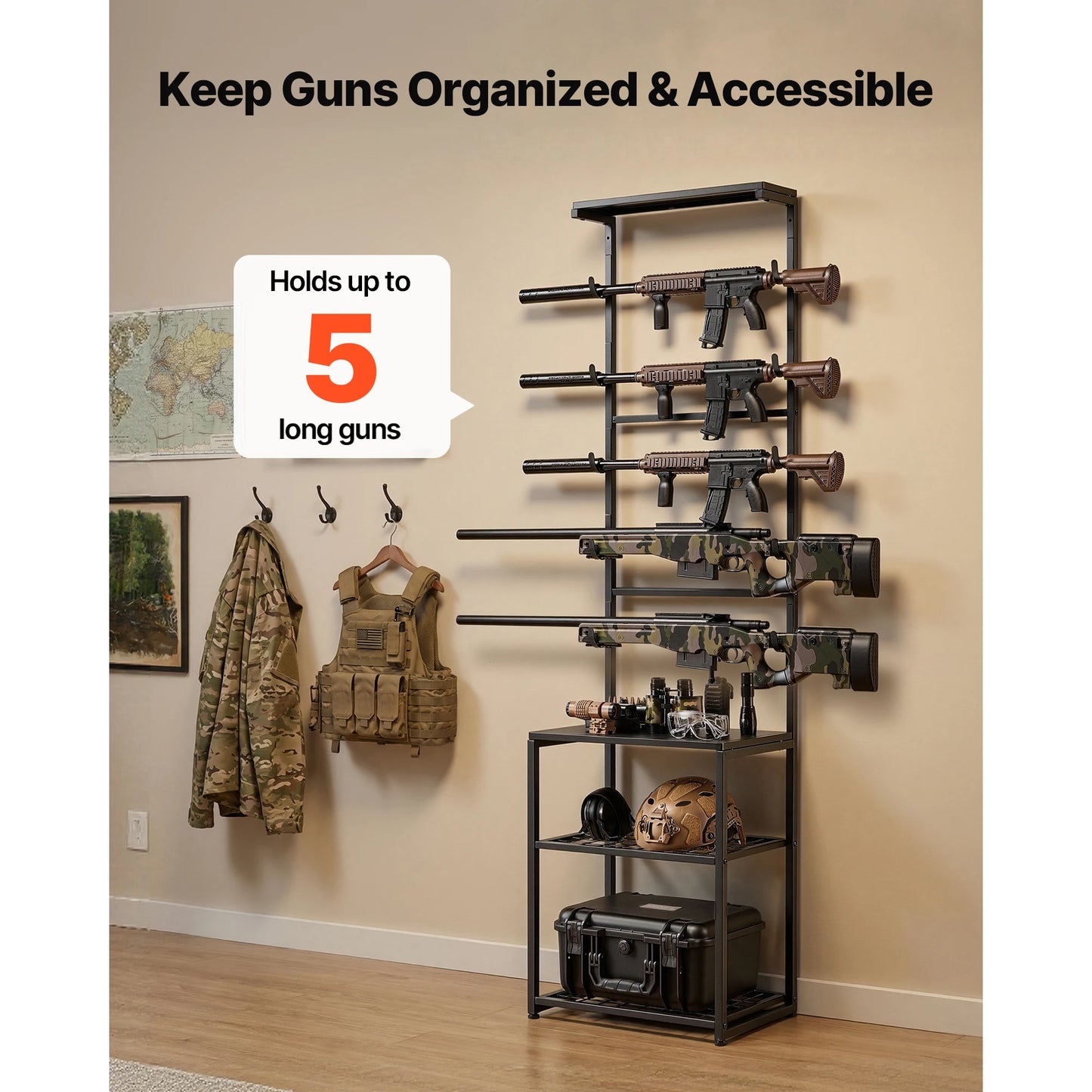 Standing Indoor Steel Rifle / Shotgun Rack Stand with Storage Shelf for Garage