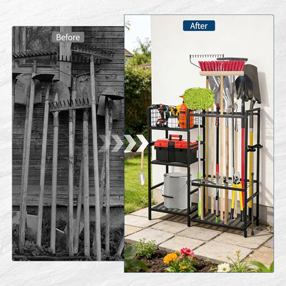 Heavy Duty 3 Tier Garden Tool Organizer With 35 Long Handled Slots Basket And Hooks for Garage or Yard