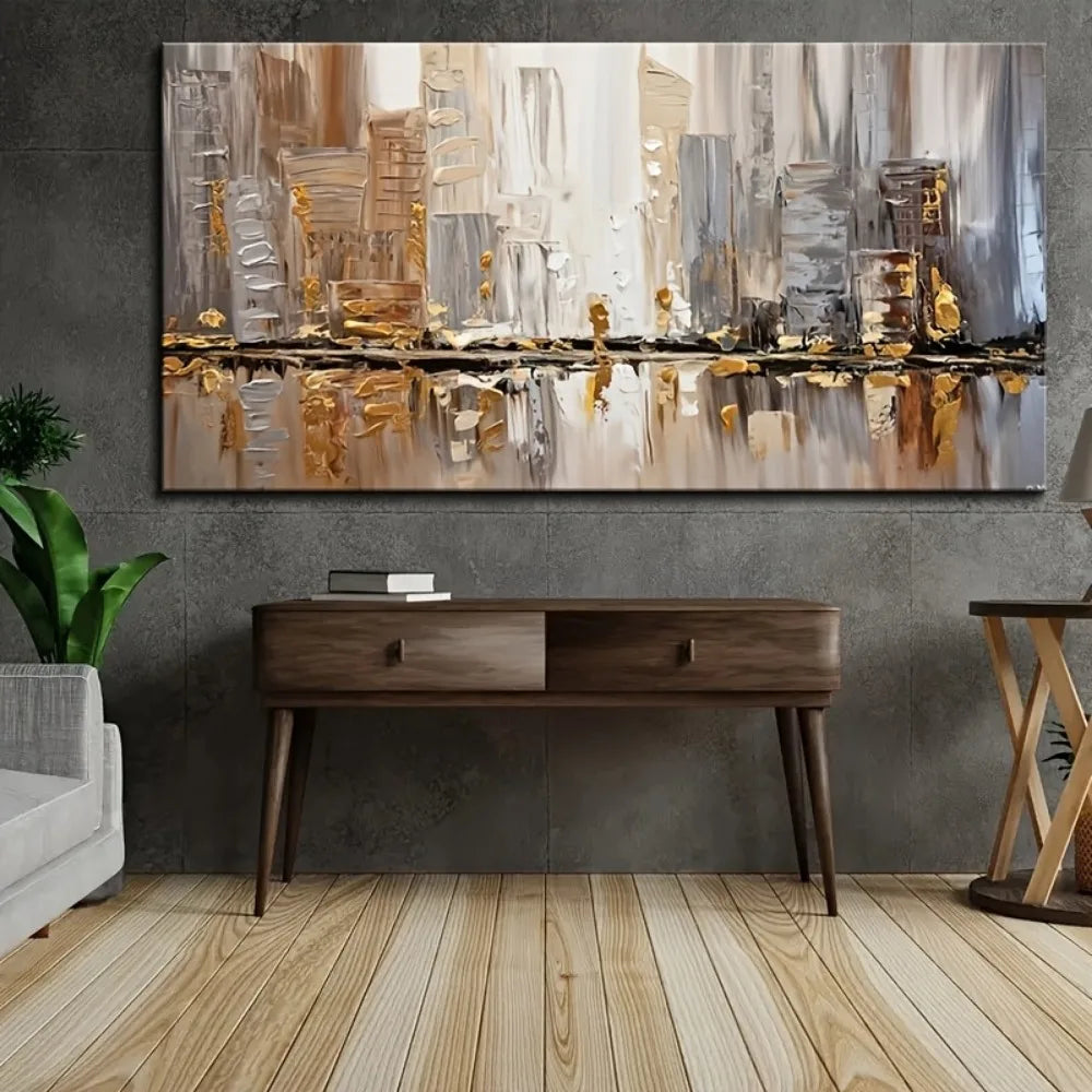 Large modern abstract oil painting, 1.5 inch thick pine frame - elegant Art Deco style - neutral tones with gold accents