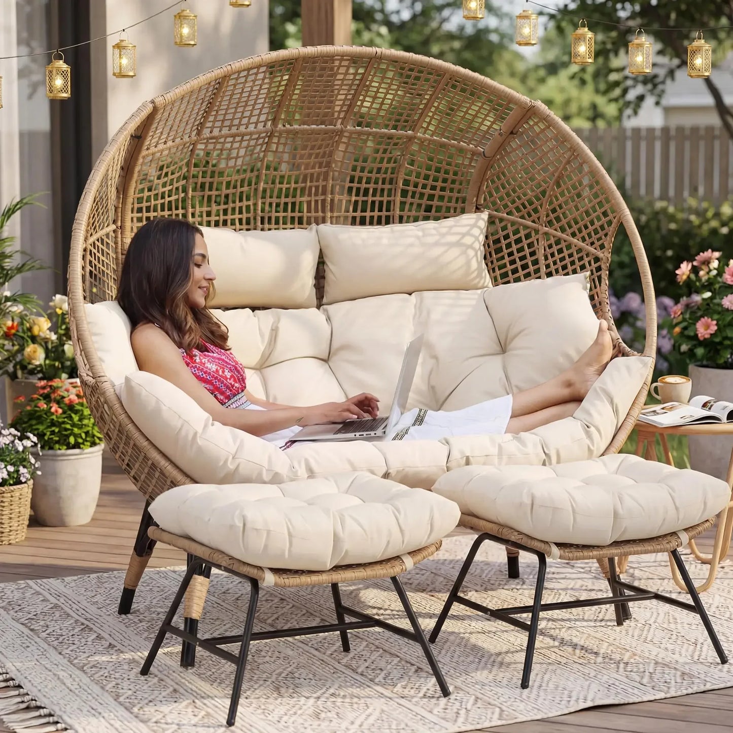 Indoor / Outdoor Stationary Oversized Double Egg Chair   6.5" Thick Padded Cushions, 2 Person Wicker Egg Loveseat Chair