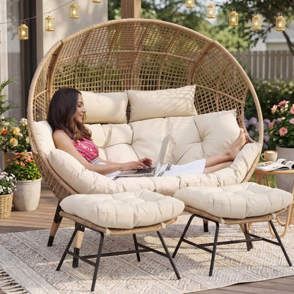 Indoor / Outdoor Stationary Oversized Double Egg Chair   6.5" Thick Padded Cushions, 2 Person Wicker Egg Loveseat Chair